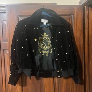 ST John Sport Elegant Black Velvet Bomber Coat Jacket with Gold Accents